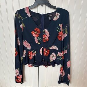 Aqua Navy Floral Blouse with Pink Accents